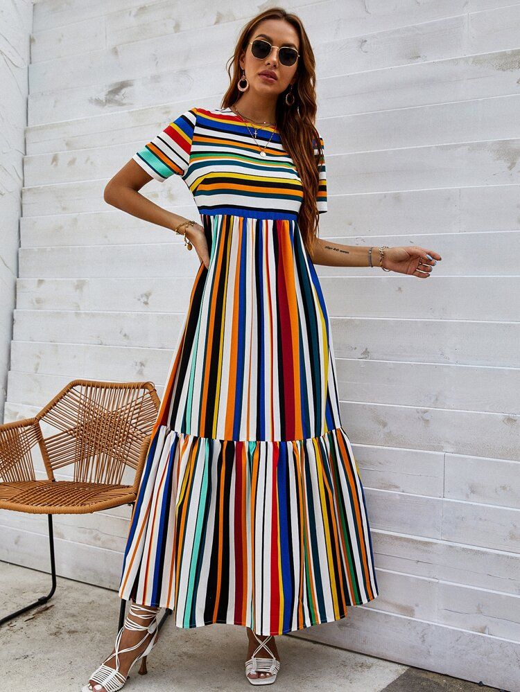Rainbow Striped Ruffle Hem Dress | SHEIN