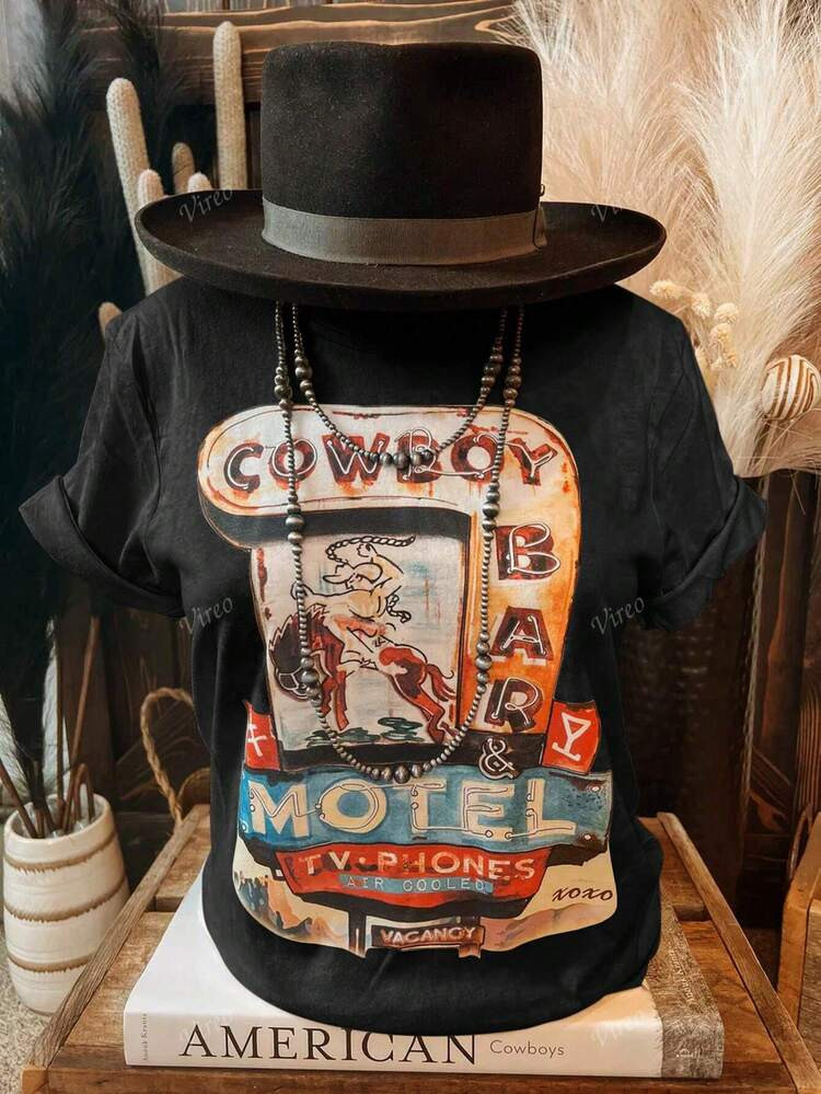 2025 Spring & Summer Casual Minimalist, Vintage Western Cowboy Bar Motel Neon Graphic Print Women Retro Round Neck T-Shirt, Suitable For Spring, Summer, Autumn Outdoor Casual Wear | SHEIN