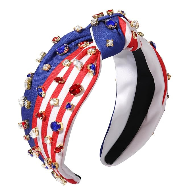 4th of July Headband American Flag Crystal Star Knottted Headband for Women Fourth of July Patrio... | Amazon (US)