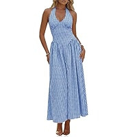 Wenrine Womens Halter V Neck Corset Maxi Dresses Summer Plaid Smocked Tie Back Backless Wedding G... | Amazon (US)