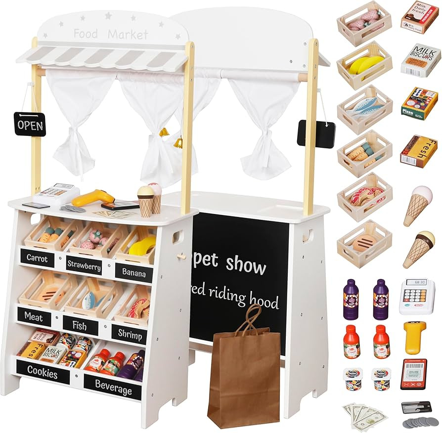 Kids Grocery Store Playset,Pretend Play Store Toy & Wooden Supermarket Shopping Cart with Toy Cas... | Amazon (US)