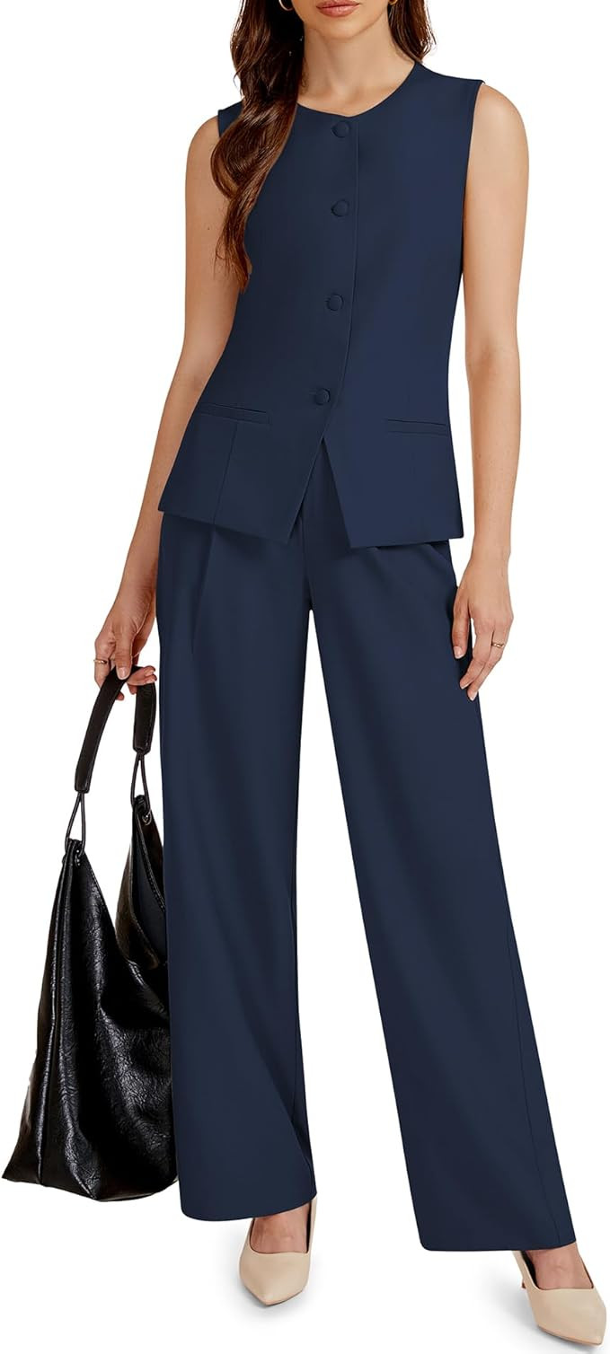 Women's 2 Piece Outfit Spring 2026 Sleeveless Suit Vest and Wide Leg Pants Business Casual Travel... | Amazon (US)