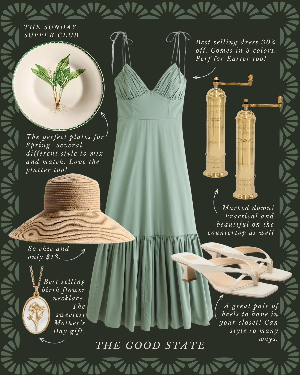 The Sunday Supper Club👒 To the ladies who find beauty in the fragrance of fresh basil, the crunch of homemade bread and the vibrant colors of ingredients spread across the counter. To the ones who romanticize every chop on the cutting board and every dance of the sunlight through their kitchen window. For those who come alive the longer they linger around a candle-lit table with loved ones. For the ladies who are looking for a reason to set a pretty table filled with flowers and for those who are looking forward to *finallllly* wear their new Spring dress. This collection is for you🤍

The good state, Lauren England, dinner party, hosting, under $50, Anthro, Anthropologie, dolce vita, spring fashion, spring ootd, maxi dress, Abercrombie and Fitch, wedding guest dress, empire waist dress, white dress. J crew, j crew factory, pretty, spring fashion, vacation outfit, ootd, sandals, tuckernuck, Easter outfit, kitchen, entertaining, home decor, Amazon home, Amazon finds, stripe dress, masters outfit, green dress, blue dress, McGee and co, shea McGee, quince, Martha Stewart, 

#LTKStyleTip #LTKHome #LTKSaleAlert