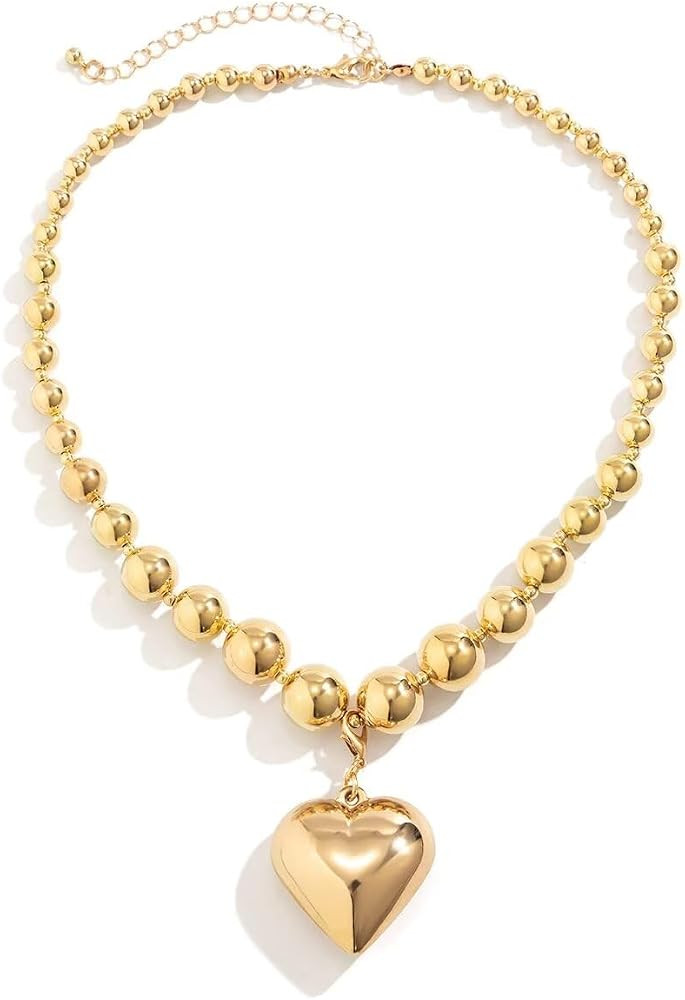 Blue Drop Chunky Puffy Heart Choker Necklace Big Heart Pendant For Women Girls Chunky Gold Plated... | Amazon (US)