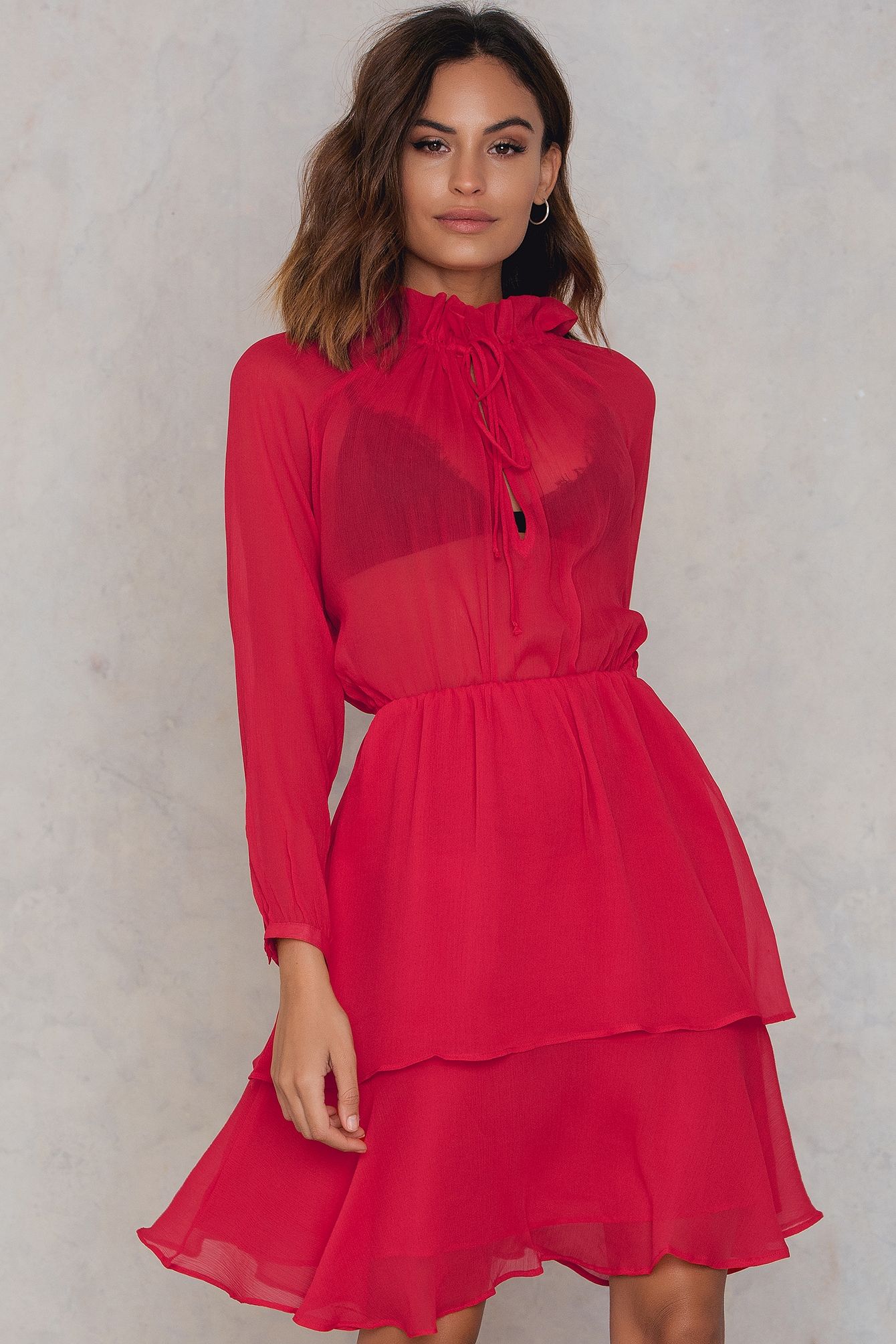 NA-KD Boho High Frill Neck Dress - Red | NA-KD Global