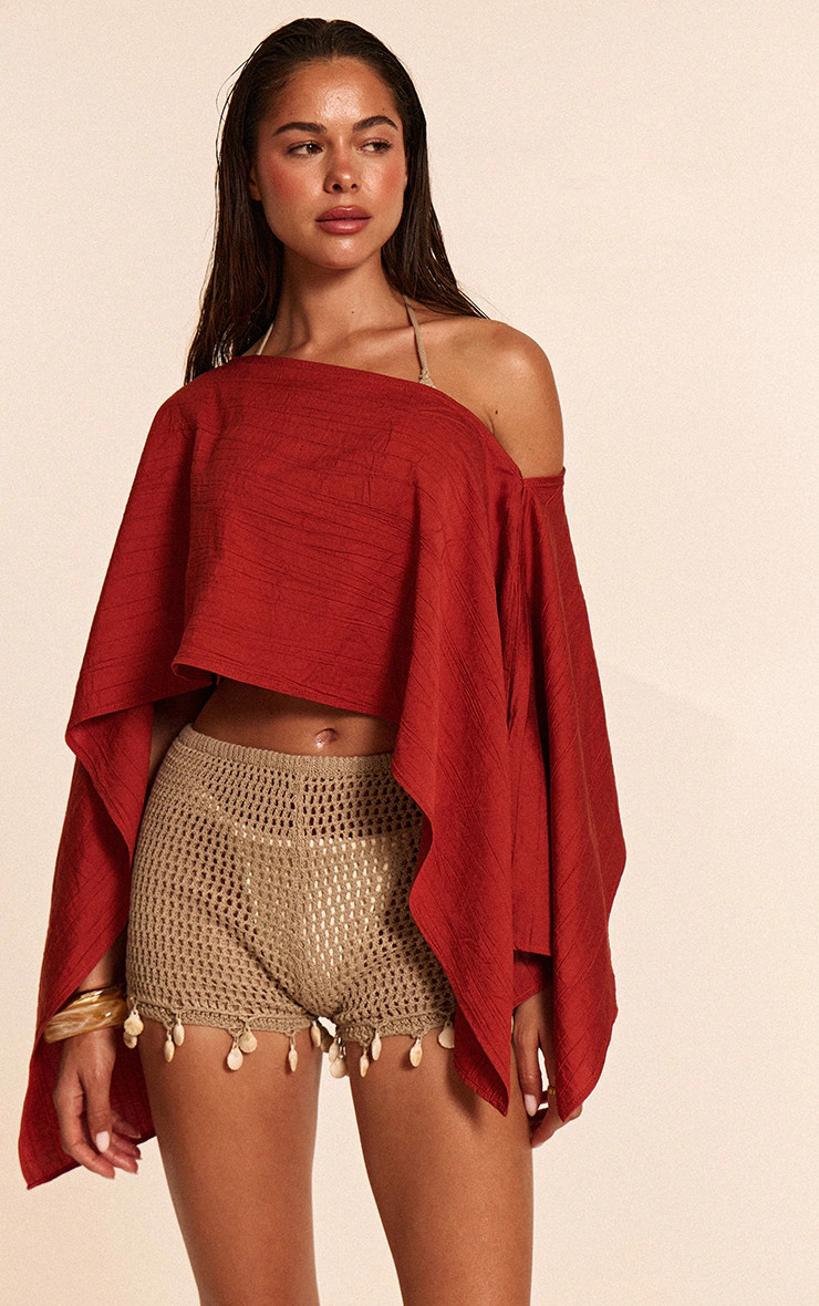 Rust Linen Look Long Sleeve Beach Top | PrettyLittleThing US