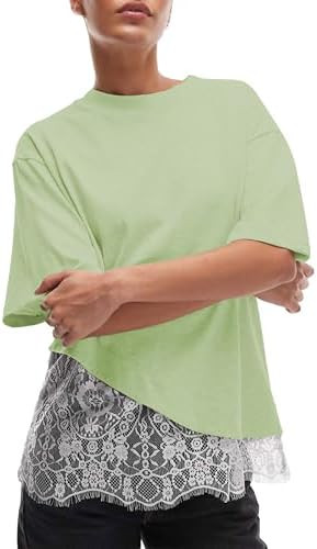 Women's Lace Patchwork Top Summer Daily Relaxed Fit Drop Shoulder Short Sleeve Blouse Casual Week... | Amazon (US)