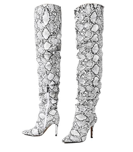 perixir Snakeskin Boots Thigh High boots for Women Thick Thighs Sexy Stunning and Stylish Exquisite Pointed Toe Fine High Heels Pleated Women Boots 39 | Amazon (US)