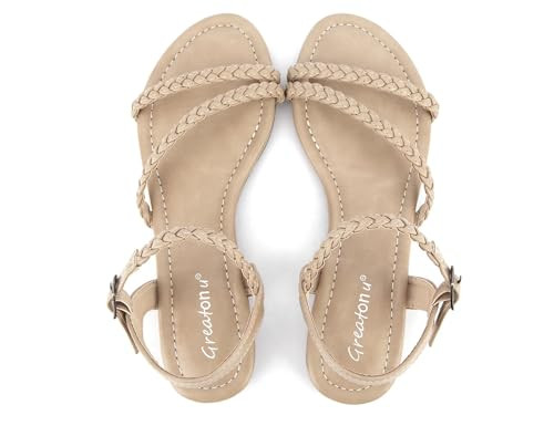 Greatonu Women's Flat Sandals Summer Braided Slip On Gladiator Sandals Open Toe Strappy Slingback Shoes Beige Size 7 | Amazon (US)