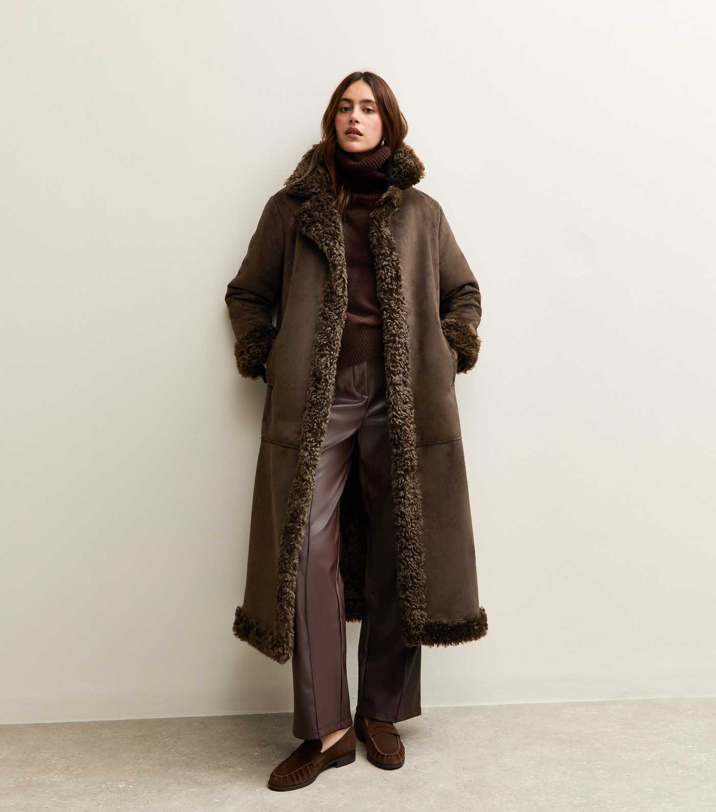 Brown Bonded Faux Fur Trimmed Faux Suede Coat | New Look | New Look (UK)