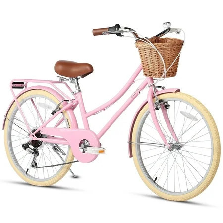 Glerc Missy 26" inch Girl Cruiser Youth Teen Woman Bike 6-Speed Teen Hybrid City Bicycle for Youth Ages 14 15 16 17 18 19 20 Years Old with Wicker Basket & Rack, Pink | Walmart (US)