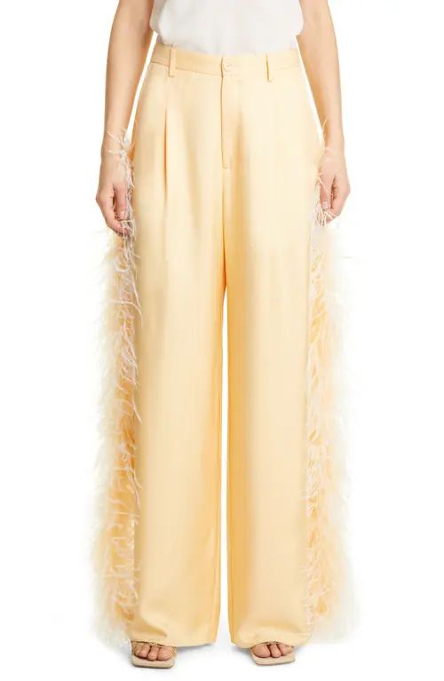 LAPOINTE Ostrich Feather Trim Silk Twill Trousers in Blonde at Nordstrom, Size 12 | Nordstrom