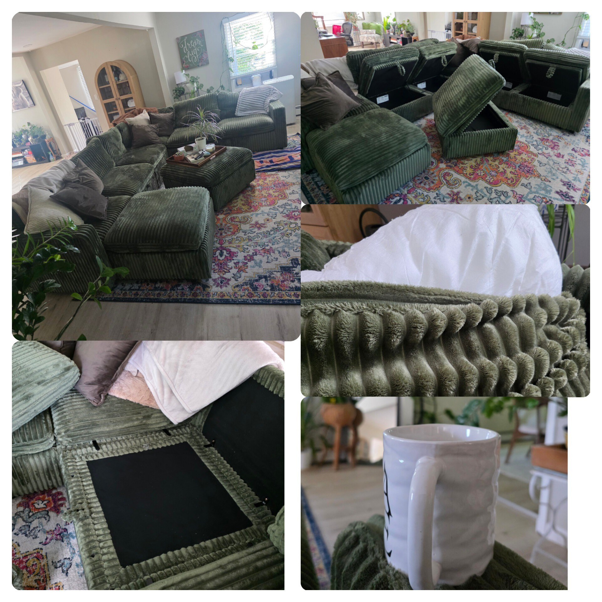 It's time for the couch post... I told you I would do one and maybe I'll do a video.  I built my entire living space around this couch and I am not sad about it.  I did a TON of research because it was THAT important.  I've wanted a family couch for more years than I can remember, a gathering place.  So let's get into it.It's made by Belffin, it's HUGE almost 11 feet by 8.5 feet 🙌.  It is a modular so you can configure it however you want 👏 EVERY base opens and is storage (I only opened some for photo but they all open). 🙌🙌 The covers zip off and can go straight into the washing machine to be cleaned ✨️The armrests are big enough to hold you things like cups, plates or phones etc. ☕️The cushions and pillows can be rotated and have storage velcro so they don't budge ✔️ You can't tell by picture or maybe you can but the fabric is sooooooo soft 😊 and well the color 💚The delivery was super quick, Assembly wasn't terrible at all, One piece had a tiny issue I took a photo submitted it and it was resolved in 3 days. Literally a perfect experience.  My bedroom is huge and I am seriously debating saving my money for a bedroom couch to read and drink coffee in.  Is that extra??? 🤔 Living room 🔗⬇️ thank you for playing along I appreciate your support ❤️😘 Full post on FB#affiliate #homedecor #belffin #Amazon #target #wayfair

#LTKHome #LTKmomlife #LTKdayinmylife