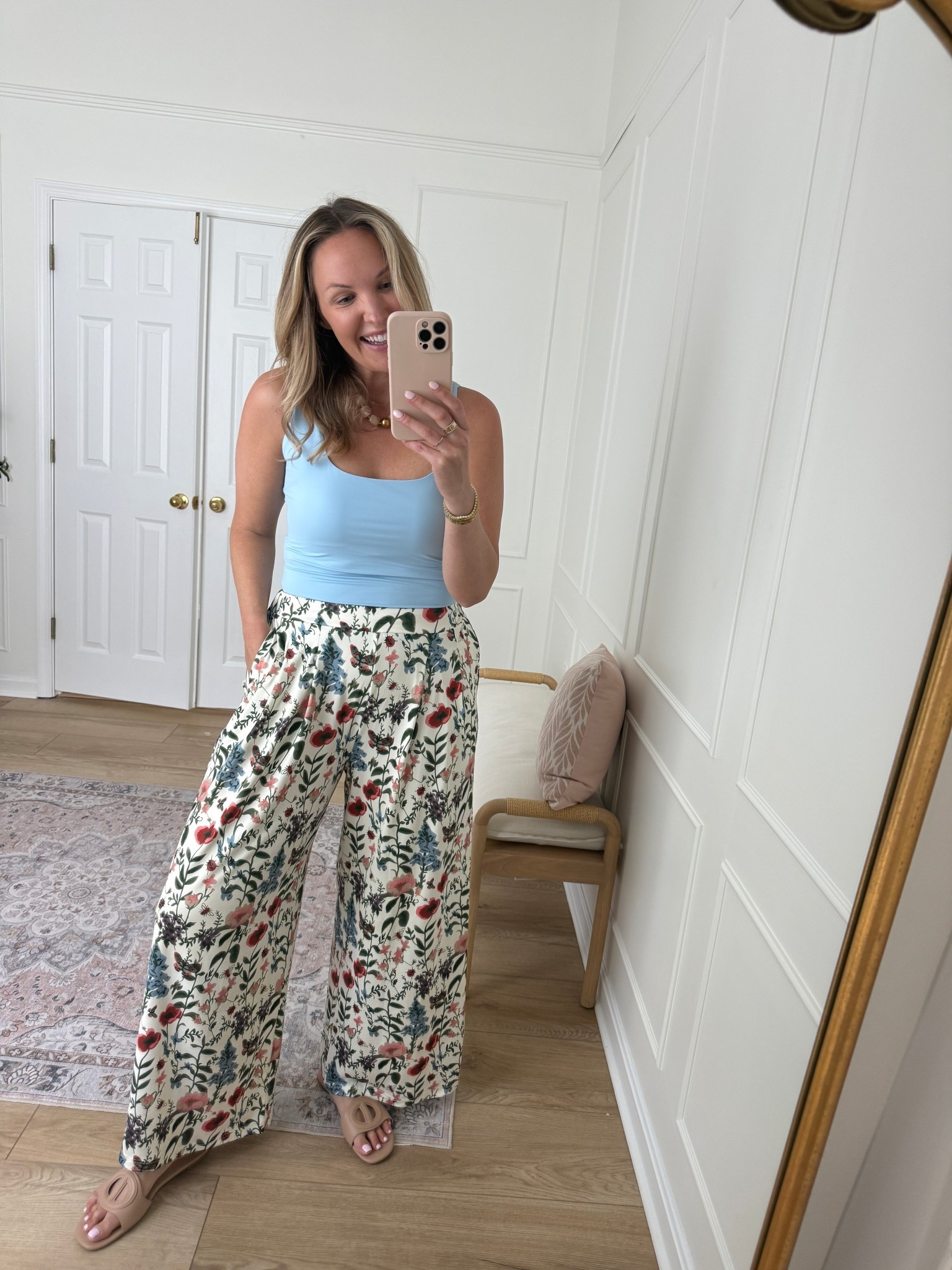 Casual summer outfit - vacation outfit - med top and large pants 