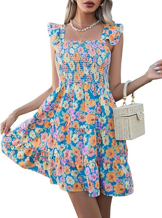 MakeMeChic Women's Floral Cap Sleeve Square Neck Ruffle A Line Swing Short Dress Boho Summer Dres... | Amazon (US)