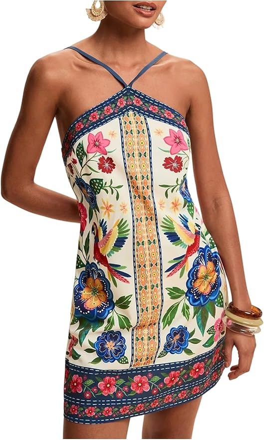 MakeMeChic Women's Tropical Print Halter Neck Dress Summer Tie Backless Spaghetti Strap Boho Shor... | Amazon (US)