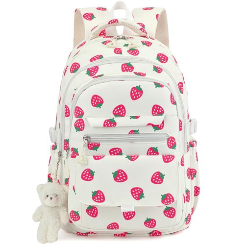 PRLINJSK Girls Backpack for College High Middle School Student, Cute Aesthetic Bookbag for Teens Women with Accessories, Beige Strawberry | Amazon (US)