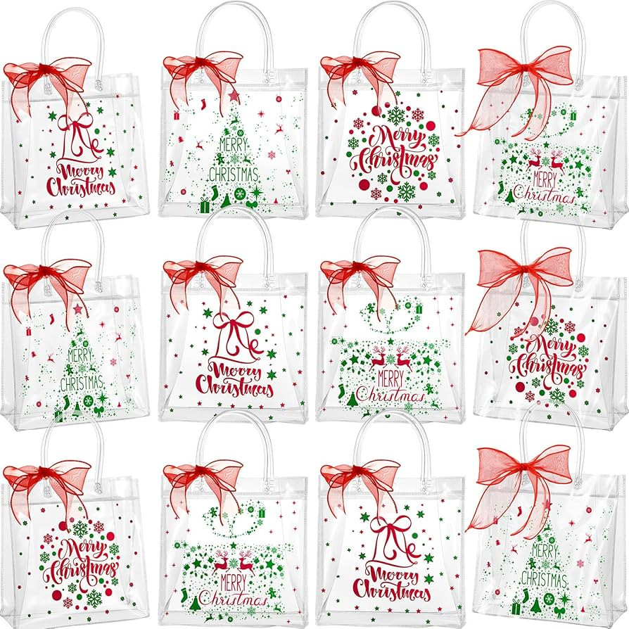 Henoyso 12 Pcs Christmas Clear Gift Bags Plastic Candy Treat Goodie Bags Red Foil Santa PVC Wrap ... | Amazon (US)