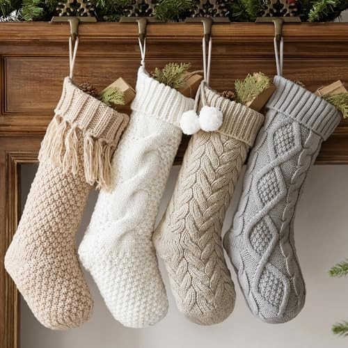 Pawliss Christmas Stockings: 4 Pack 18 Inch Cable Knit Fireplace Stockings, Cozy Hanging Xmas Stockings Boho Farmhouse Knitted Stocking Decorations for Family Holiday Décor, White Gray Beige | Amazon (US)