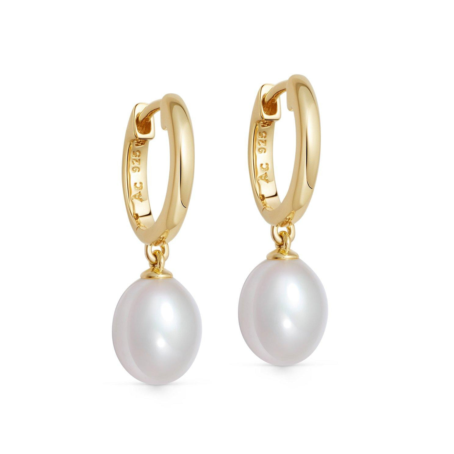Astley Clarke Celestial 18ct Yellow Gold Vermeil Freshwater Pearl Drop Huggie Earrings | 0149784 ... | Beaverbrooks
