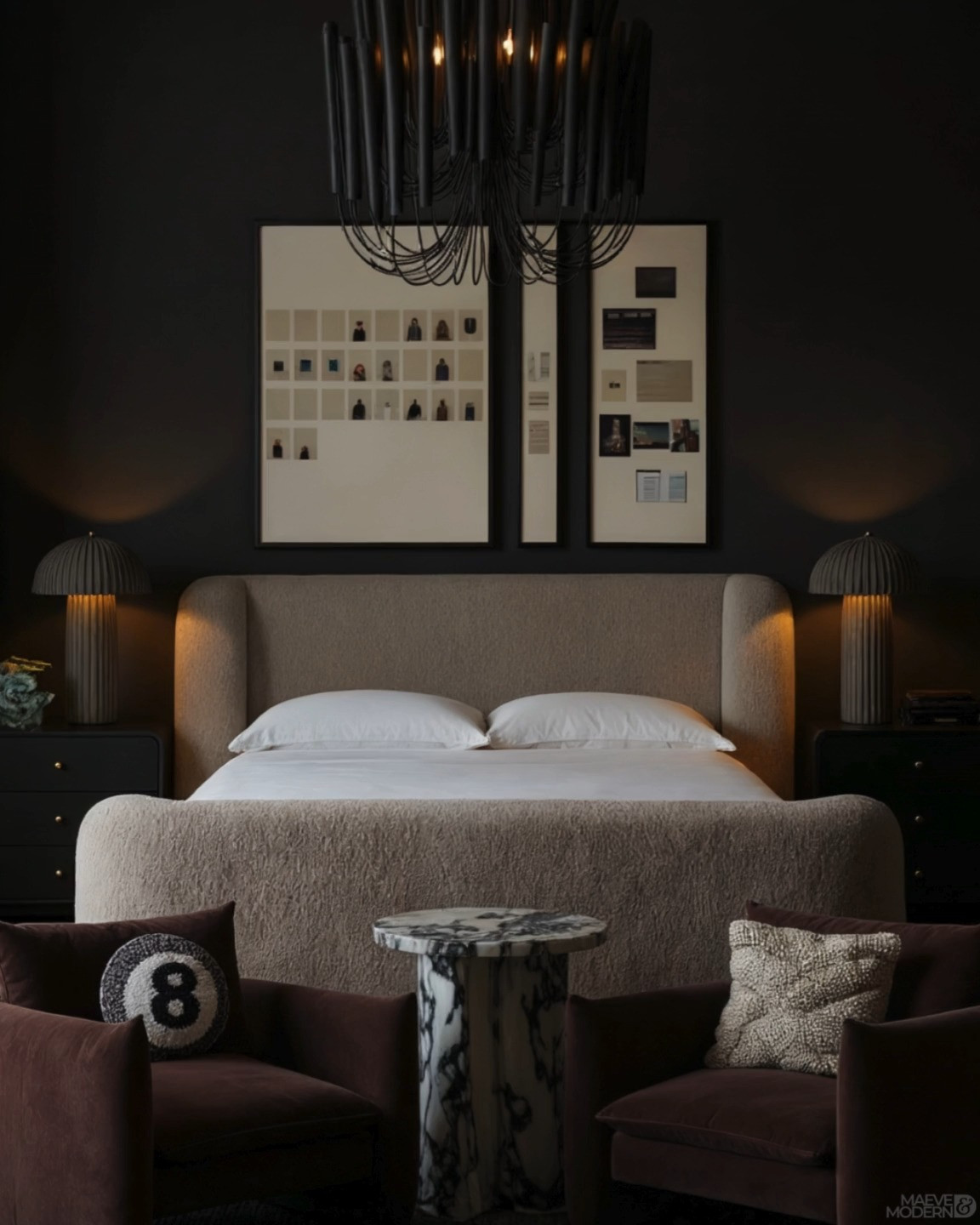 Moody Modern Bedroom Inspiration 🖤 This dramatic bedroom pairs deep charcoal walls with sculptural lighting, creamy bouclé upholstery, and rich chocolate brown accent chairs for an elevated, designer-inspired look. The curved upholstered bed brings softness to the dark color palette, while black nightstands, statement table lamps, oversized gallery wall art, a bold black chandelier, and a veined marble pedestal table create layers of modern luxury. Warm ambient lighting and plush textures make this space perfect inspiration for a moody bedroom refresh, contemporary bedroom design, or sophisticated fall home update.

🖤 If you want to see more content like this, FOLLOW maeveandmodern on LTK, Instagram, and Pinterest! Check out our blog where we post daily, maeveandmodern.com!

Moody Modern Bedroom | Dark Bedroom Ideas | Moody Bedroom Decor | Charcoal Bedroom | Black Bedroom Walls | Modern Luxury Bedroom | Contemporary Bedroom Decor | Bouclé Bed | Upholstered Bed | Curved Furniture | Chocolate Brown Accent Chairs | Brown Velvet Chairs | Black Nightstands | Statement Chandelier | Sculptural Lighting | Modern Table Lamps | Gallery Wall Ideas | Marble Side Table | Bedroom Sitting Area | Designer Bedroom Inspiration | Fall Bedroom Decor | Cozy Moody Interiors | Dark Academia Decor | Luxury Home Decor#LTKFindsUnder100

#LTKHome #LTKSaleAlert #LTKSeasonal #LTKHome #LTKSaleAlert