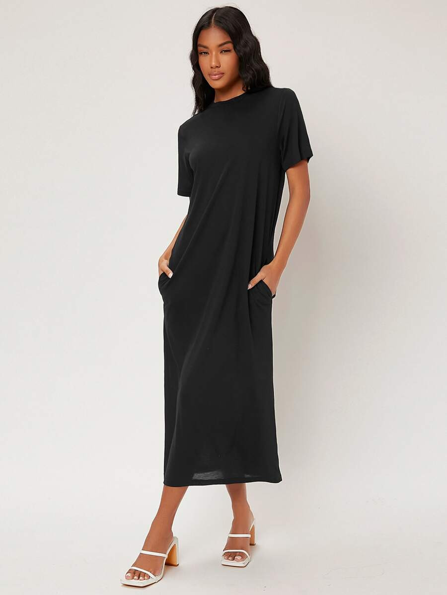 SHEIN BASICS Hidden Pocket Solid Tee Dress | SHEIN