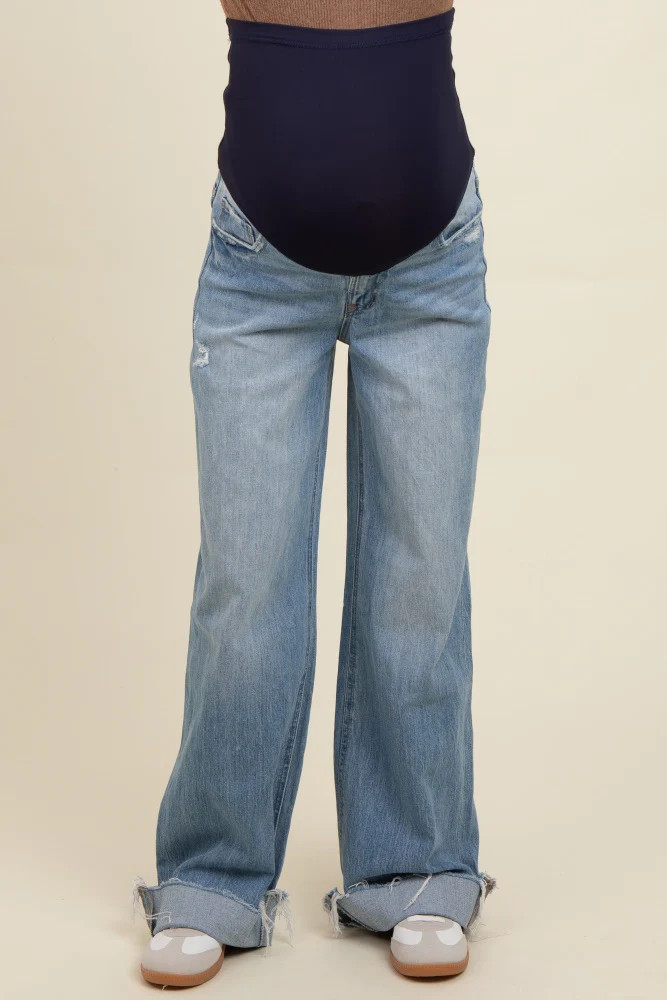 Light Blue Cuffed Baggy Wide Leg Maternity Jeans | PinkBlush Maternity