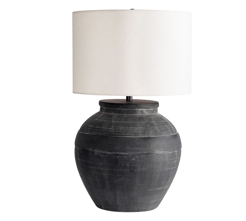 Faris Ceramic 21"" Table Lamp, Matte Black Base with Large Straight Sided Textured Gallery Shade, Iv | Pottery Barn (US)