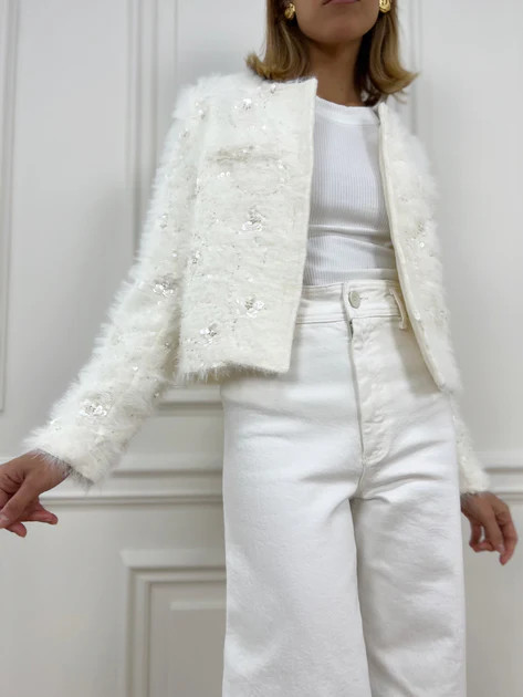 Krystal Plush Embellished Jacket | Ivory | Vita Grace