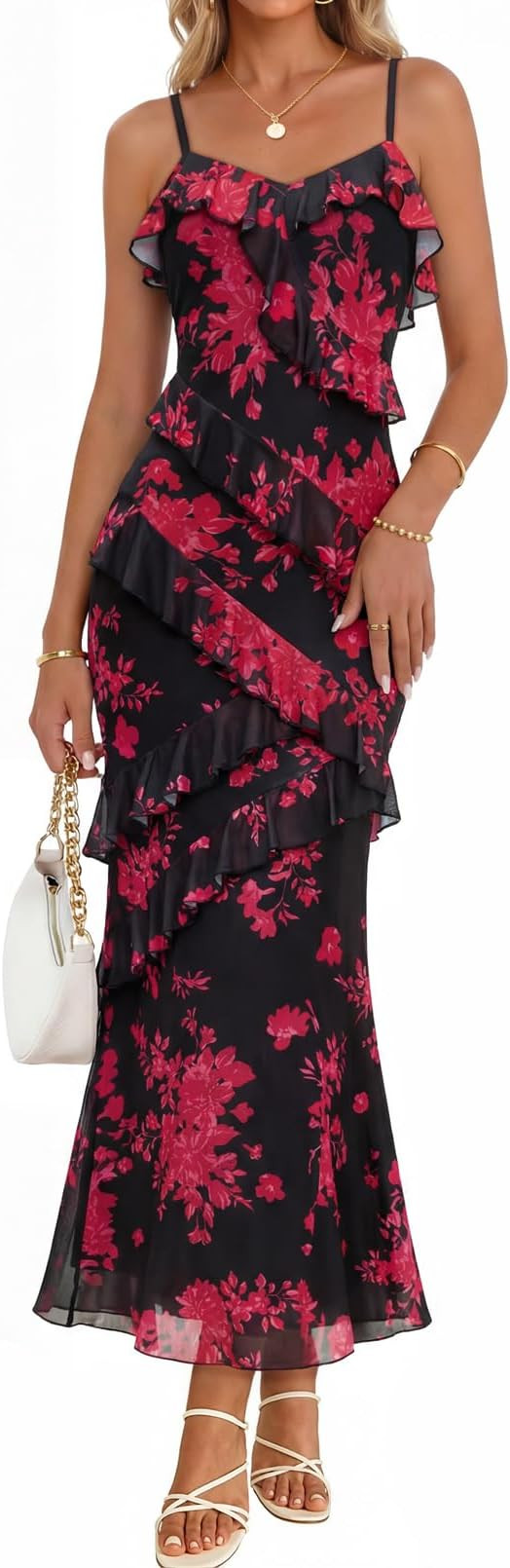 MEROKEETY Women's Floral Maxi Dress 2026 Summer Beach Spaghetti Strap Ruffle Bodycon Wedding Gues... | Amazon (US)