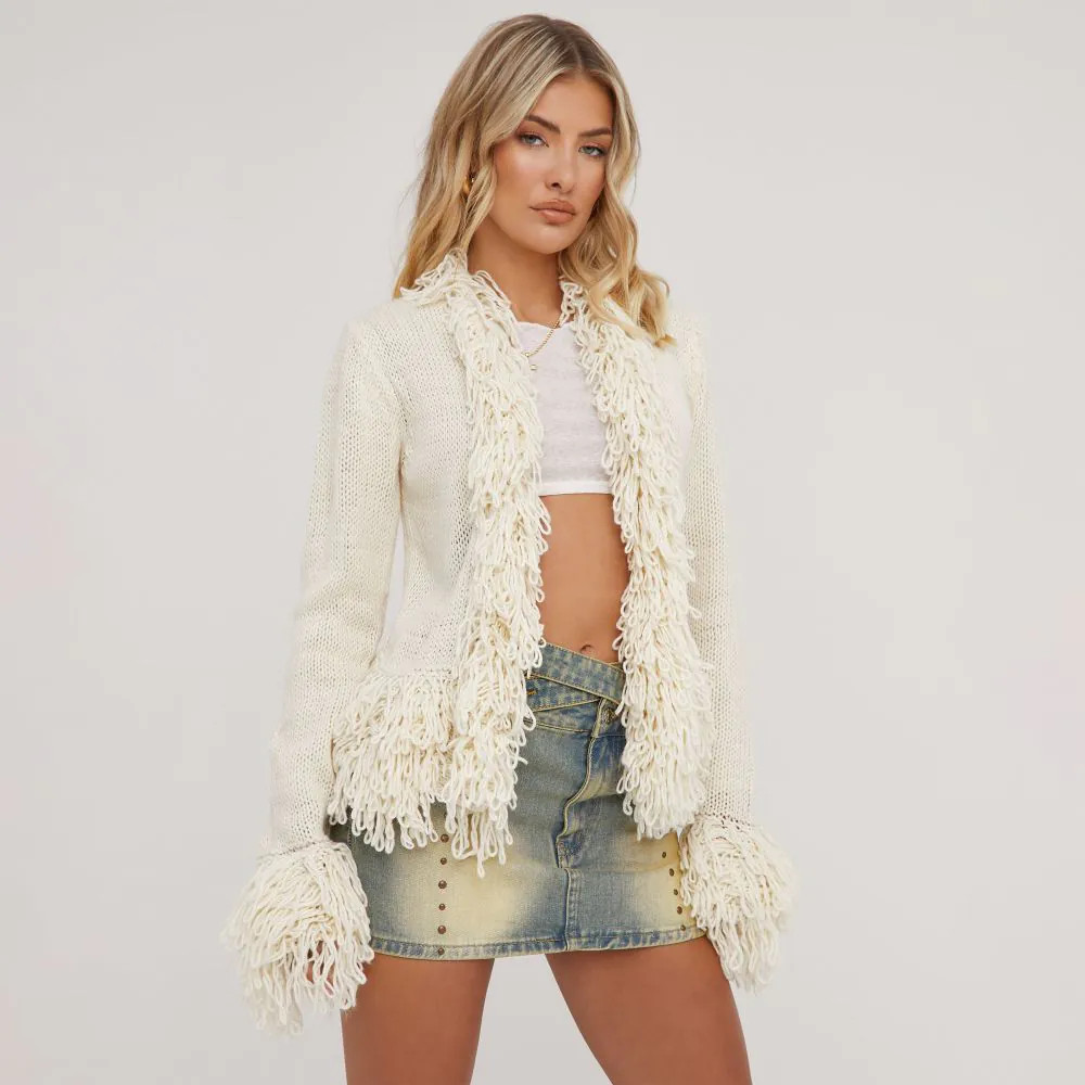 Long Sleeve Fringe Trim Detail Cardigan In Cream Knit | EGO (UK)
