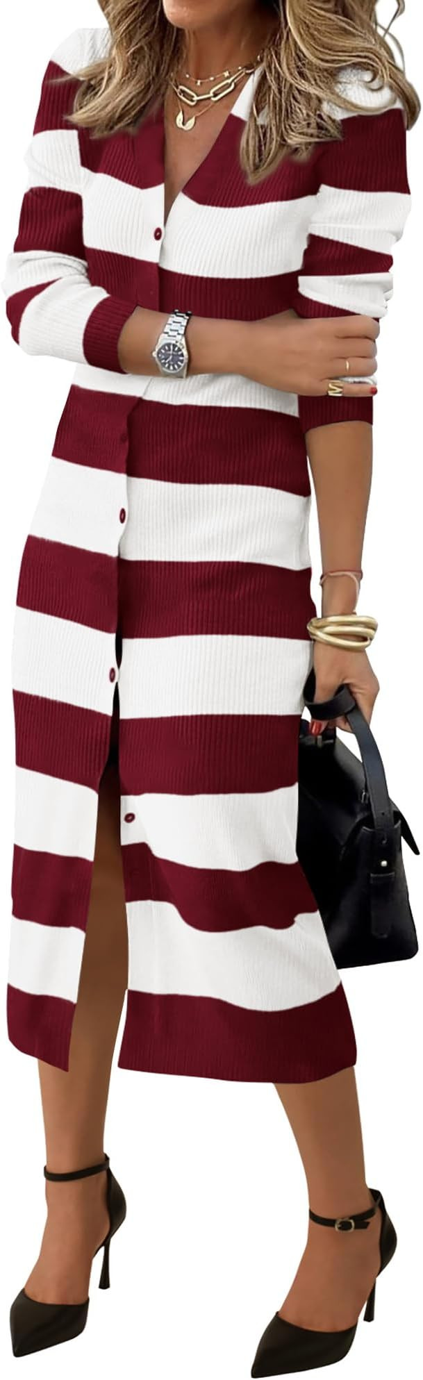 PRETTYGARDEN Women's Dresses 2024 Fall Long Sleeve V Neck Button Down Ribbed Knit Stripes Bodycon... | Amazon (US)