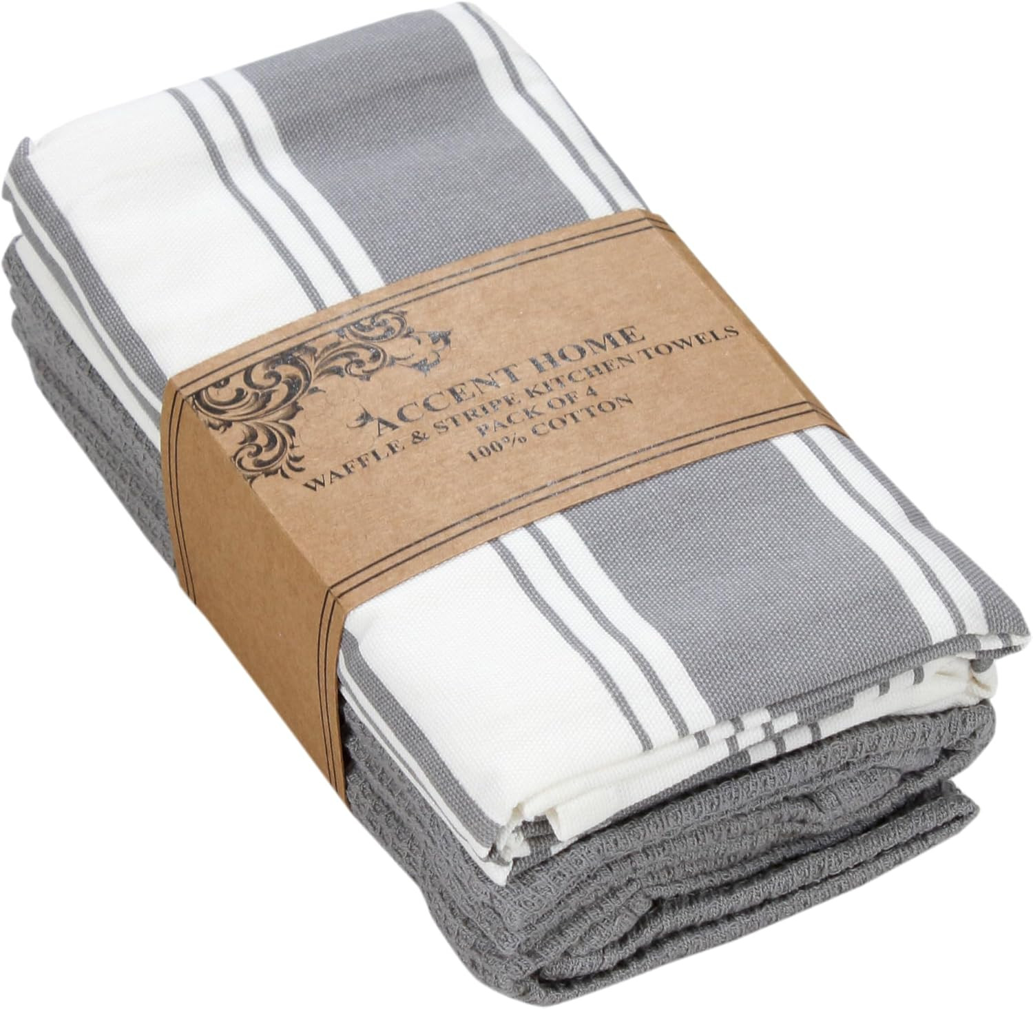 ACCENTHOME Waffle Kitchen Towels Set of 4 100% Cotton Stripe Design Tea Towel Absorbent Hand Dish... | Amazon (US)