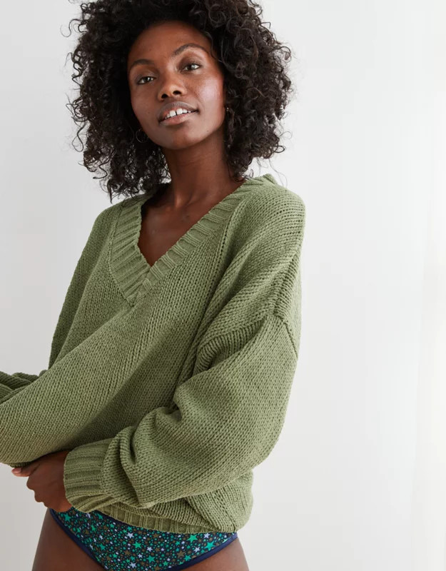Aerie Chenille V-Neck Oversized Sweater | American Eagle Outfitters (US & CA)