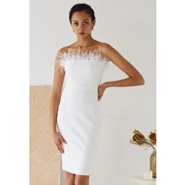 Feather Trim Bodycon Tube Cocktail Dress in White | Chicwish