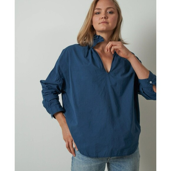 A Shirt Thing Penelope Blue Cabo River Blouse Ruffle Collar S Quiet Luxury | Poshmark