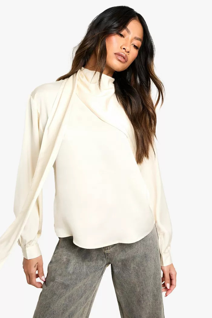Satin Scarf Detail Long Sleeve Blouse | boohoo (US & Canada)