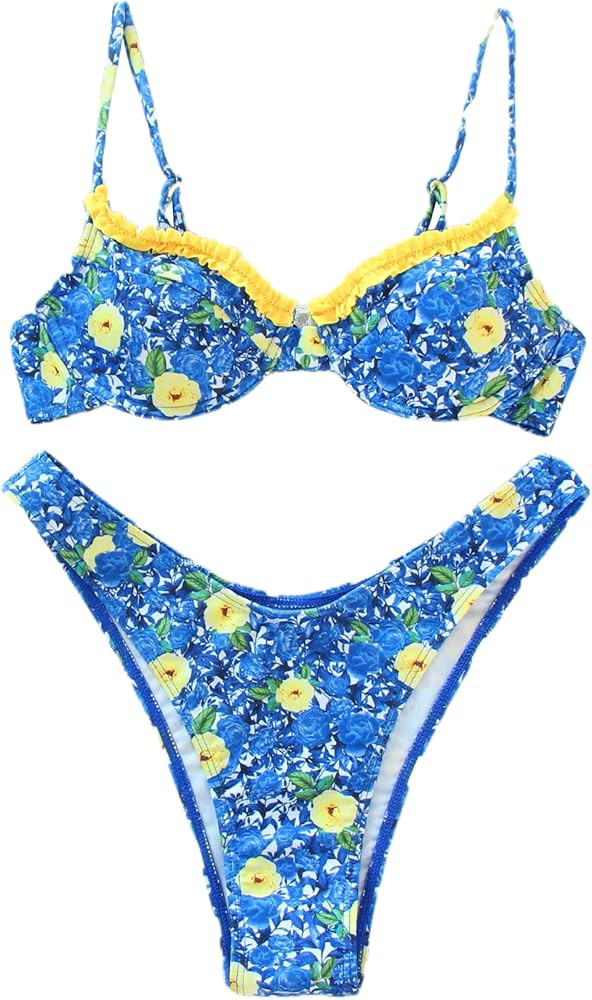 Floerns Women's Floral Frill Trim Underwire High Cut Two Piece Bikini Swimsuit | Amazon (US)