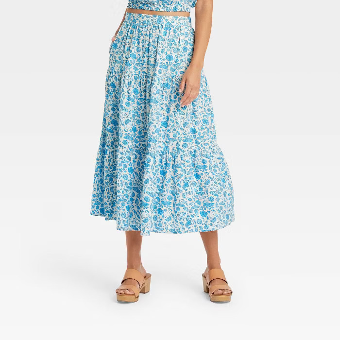 Women's Tiered Midi Skirt - Universal Thread™ Blue Floral M | Target