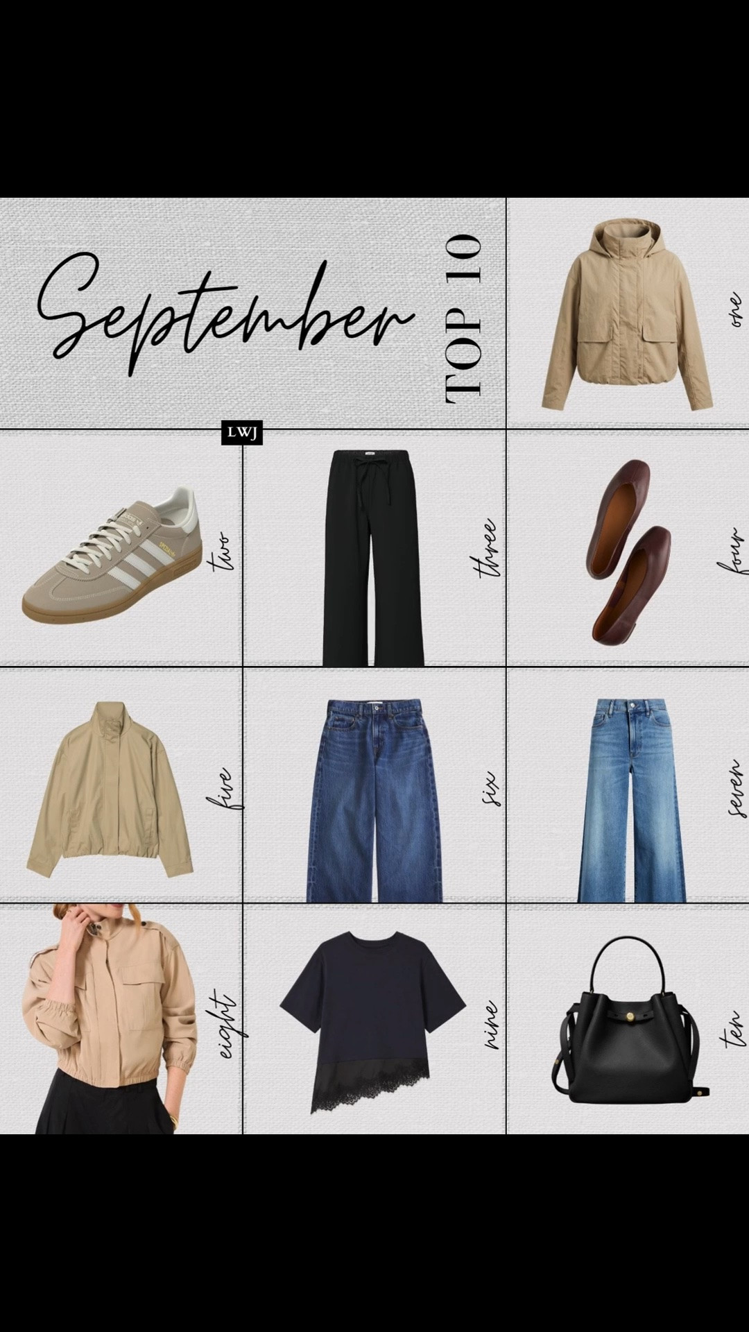 september's top 10 bestsellers: 

1. lululemon always effortless jacket -- wind & water-resistant
2. adidas spezial sneakers -- have some arch support
3. aritzia lodge pants -- wrinkle-resistant & wash so well
4. madewell greta glove flat 
5. aritzia geneva jacket -- water-repellent
6. abercrombie wide-leg jeans 
7. frame le slim palazzo -- on sale! 
8. evereve shayna military jacket -- lightweight for fall
9. evereve asymmetrical tee 
10. tory burch romy bucket tote - buttery soft & comes in tons of colors