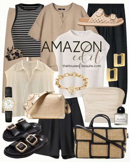 Shop these Amazon summer outfit finds! Matching set, Bermuda shorts, Bottega Rattan tote bag look for less, Steve Madden Cape sandals, Sam Edelman Reid slide sandals, Banana Republic straw bag and more! 