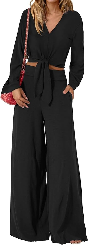 PRETTYGARDEN Women's 2 Piece Outfits 2024 Fall Casual Tracksuits V Neck Long Sleeve Strappy Crop ... | Amazon (US)