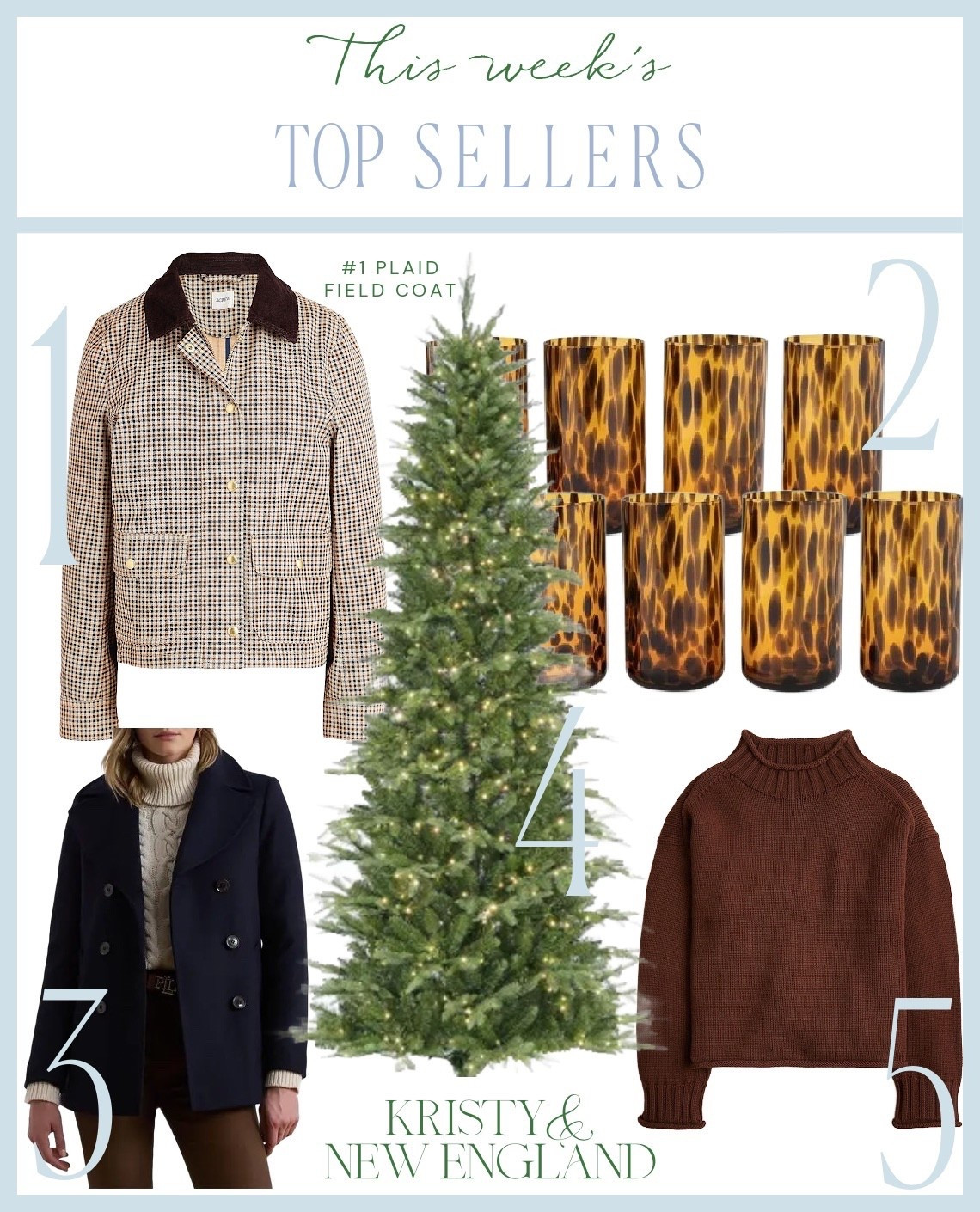 Top Sellers of the Week #1 plaid field coat #2 tortoise glassware #3 RL navy peacoat #4 viral artificial Christmas tree #5 brown chocolate Rollneck sweater