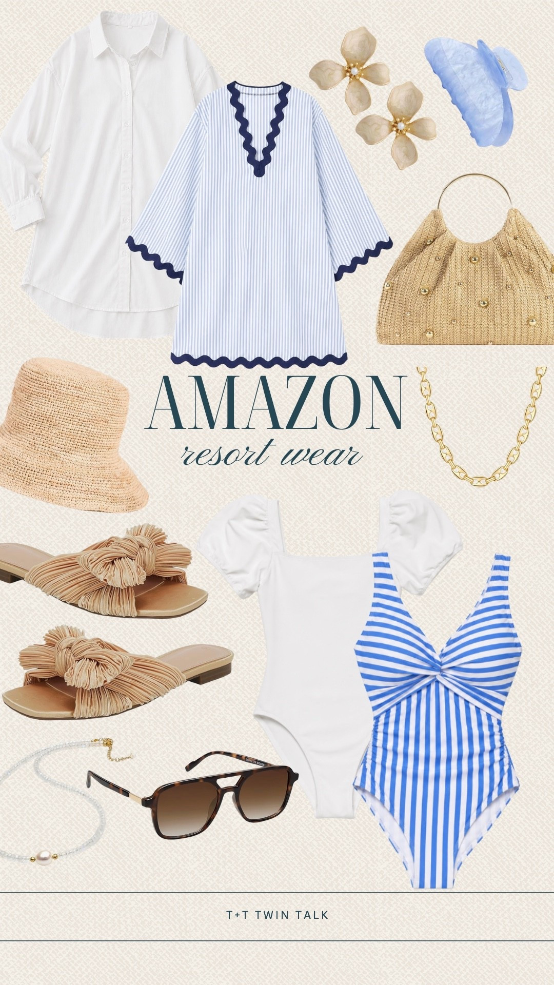 A mix of Amazon pieces built for warm days and time away. The striped suit, woven slides, and straw bag carry the look, with the button-down and tunic layered in for coverage. Finished with simple extras that pull everything together without feeling overdone. 

 #LTKSeasonal #LTKOver40 #LTKMidsize