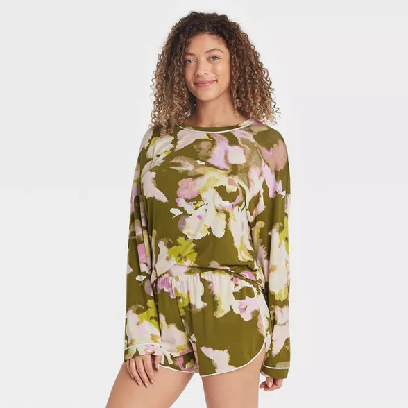 Women's Floral Print Beautifully Soft Long Sleeve Top and Shorts Pajama Set - Stars Above™ Gree... | Target