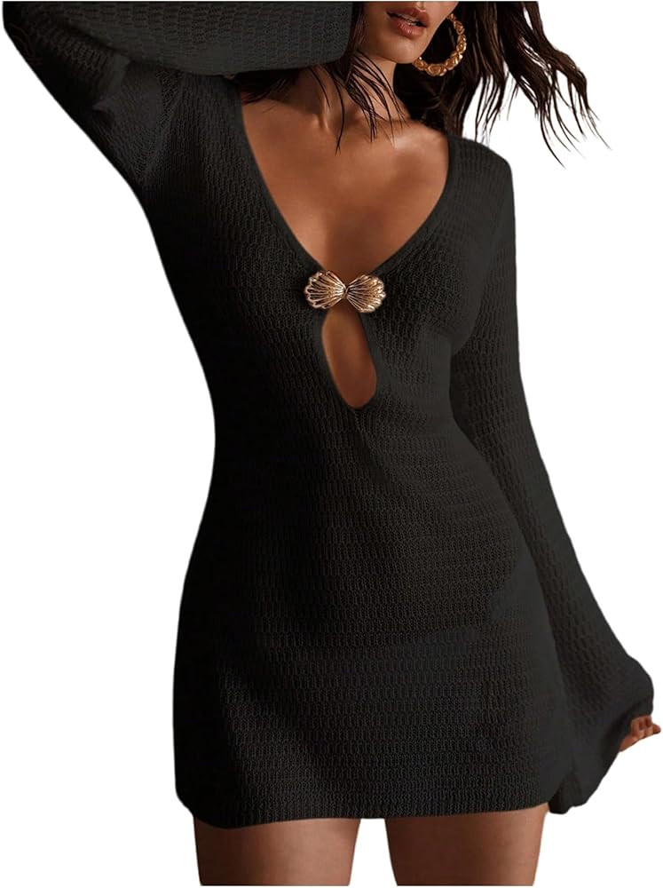 GORGLITTER Women's Crochet Dress Swimsuit Coverup Long Sleeve Bikini Bathing Suit Swim Suits Beac... | Amazon (US)