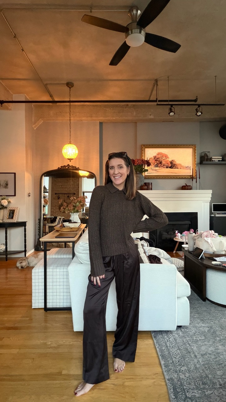 Monochrome chocolate brown outfit for fall 😍 sweater fits TTS, I sized up one in the pants during pregnancy. @abercrombie sale up to 30% off sweaters + STACKABLE code: AFLTK for extra 20% off almost everything else
