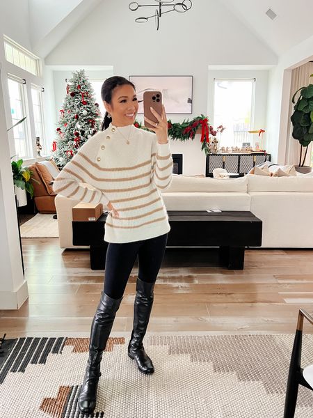 Winter outfit with mohair and wool long sleeve paired with comfy leggings and my all-time favorite knee high boots! Perfect for the holidays, elevated casual outfits, date nights and more! Love the button detailing on the sweater. Wearing size XS and it fits TTS

#LTKstyletip #LTKHoliday #LTKSeasonal