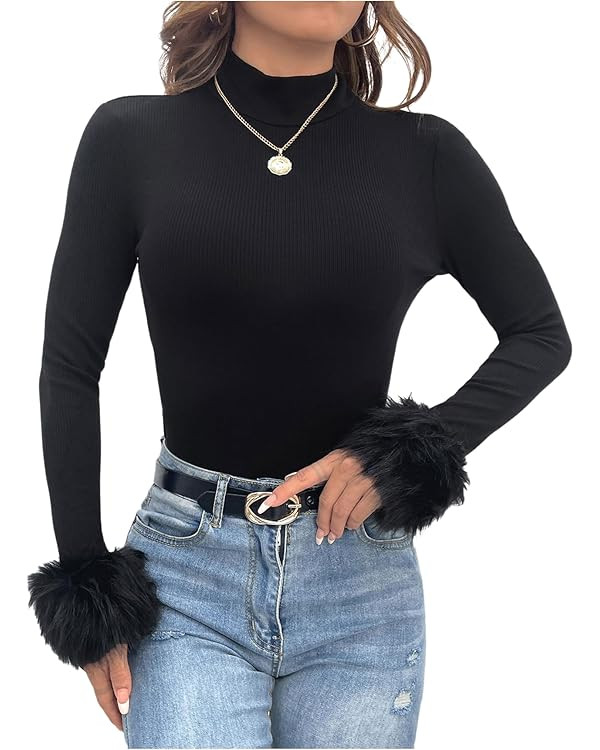 SOLY HUX Women's Fuzzy Mock Neck T Shirt Long Sleeve Fitted Ribbed Knit Tee Tops | Amazon (US)