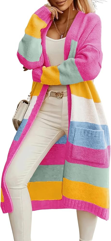 chouyatou Women's Trendy Striped Knit Cardigan Color Block Open Front Mid Long Sweater Jacket Coa... | Amazon (US)